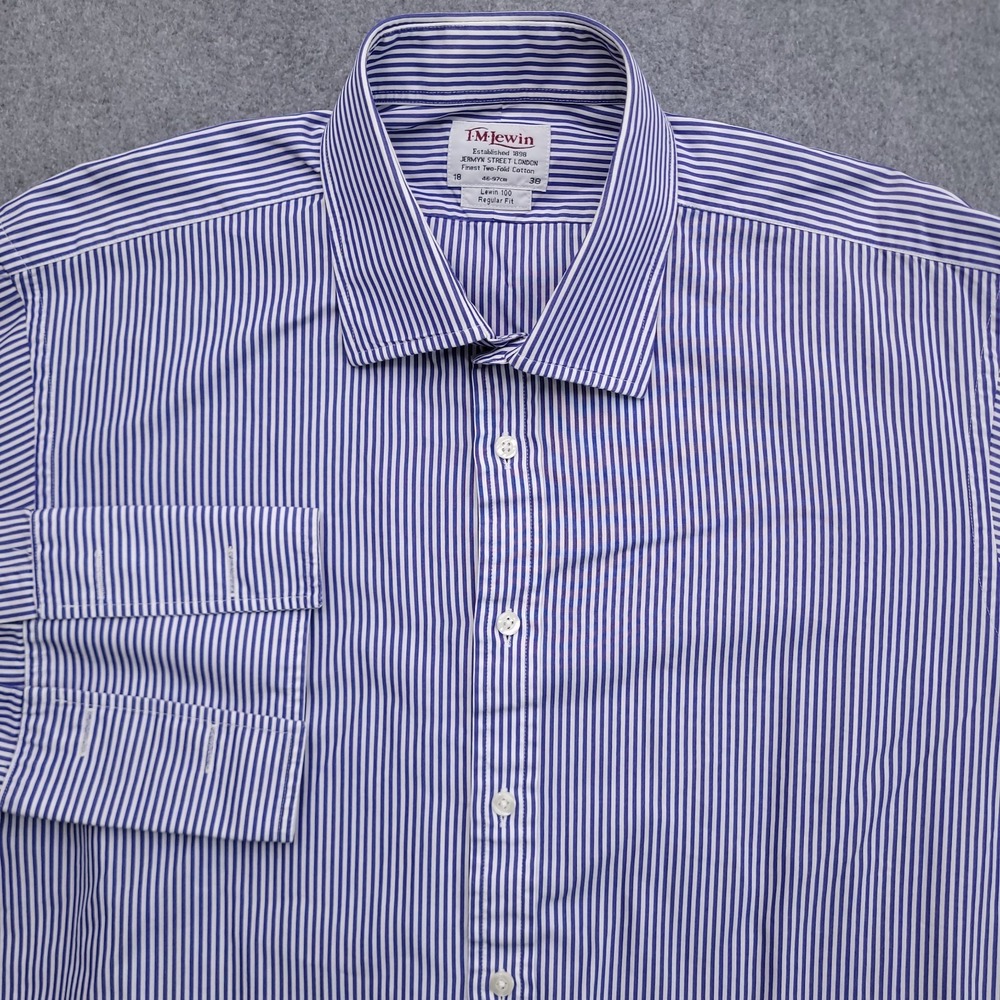 T M Lewin Dress Shirt Mens 18 38 Blue White Stripe Regular Fit Two Fold Cotton